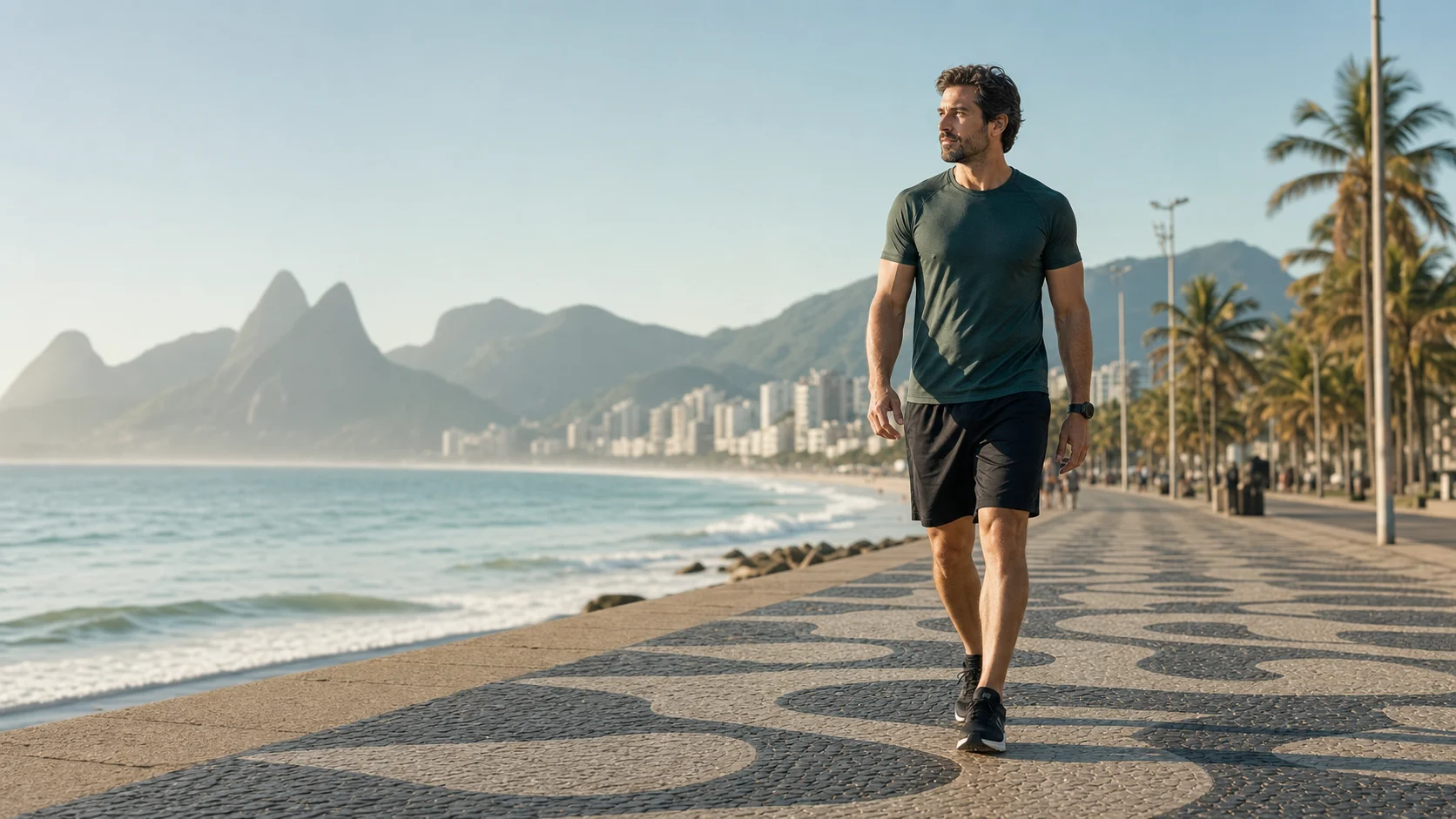 Homem brasileiro caminhando com roupa esportiva na orla do Rio de Janeiro